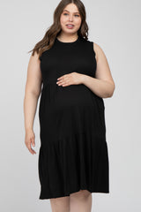 Black Ribbed Sleeveless Plus Maternity Midi Dress