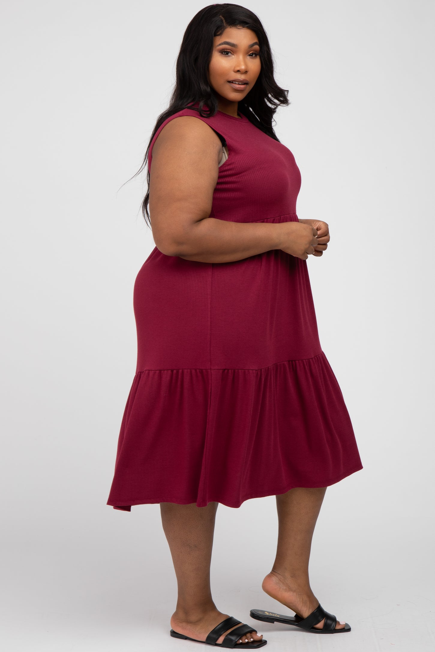 Burgundy Ribbed Sleeveless Plus Midi Dress PinkBlush Burgundy Ribbed Sleeveless Plus Midi Dress PinkBlush