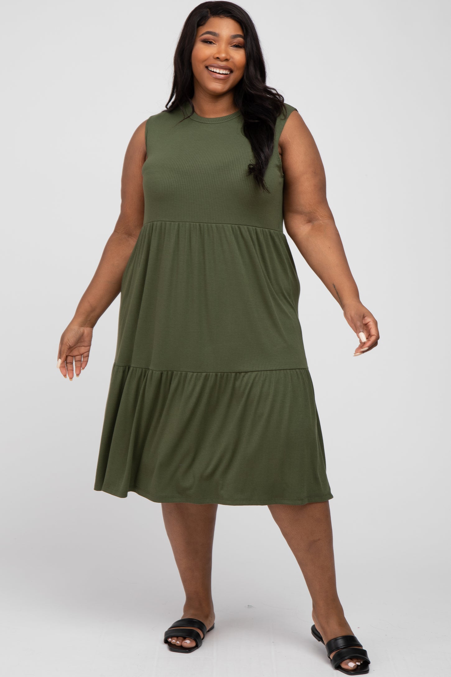 Olive Ribbed Sleeveless Plus Maternity Midi Dress – PinkBlush