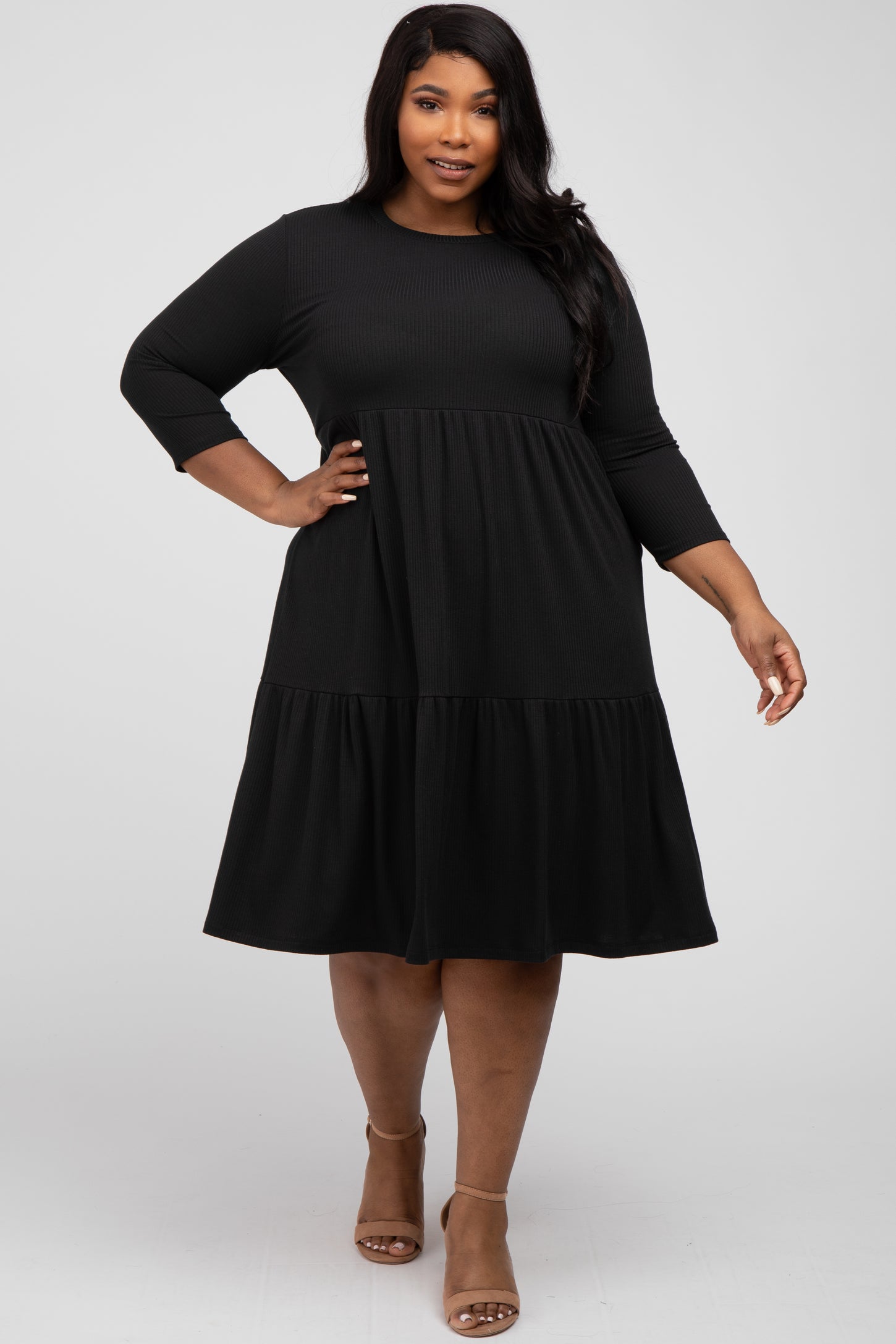 Black Tiered Ribbed 3/4 Sleeve Plus Maternity Midi Dress PinkBlush Black Tiered Ribbed 3/4 Sleeve Plus Maternity Midi Dress PinkBlush