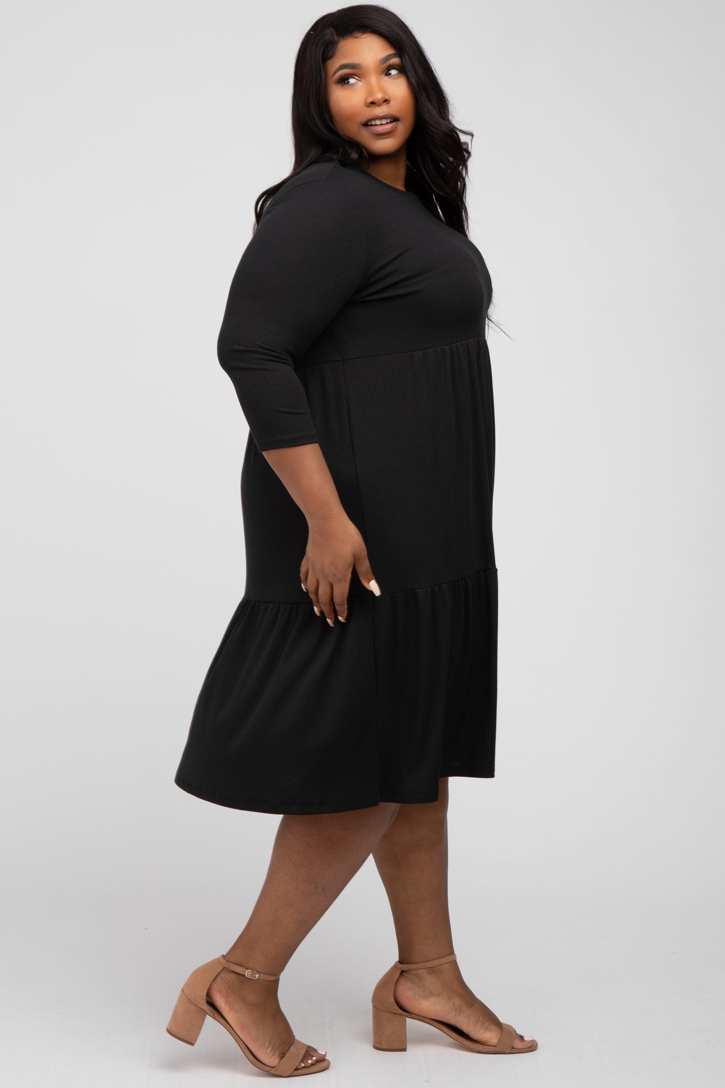 Black Tiered Ribbed 3/4 Sleeve Plus Midi Dress PinkBlush Black Tiered Ribbed 3/4 Sleeve Plus Midi Dress PinkBlush