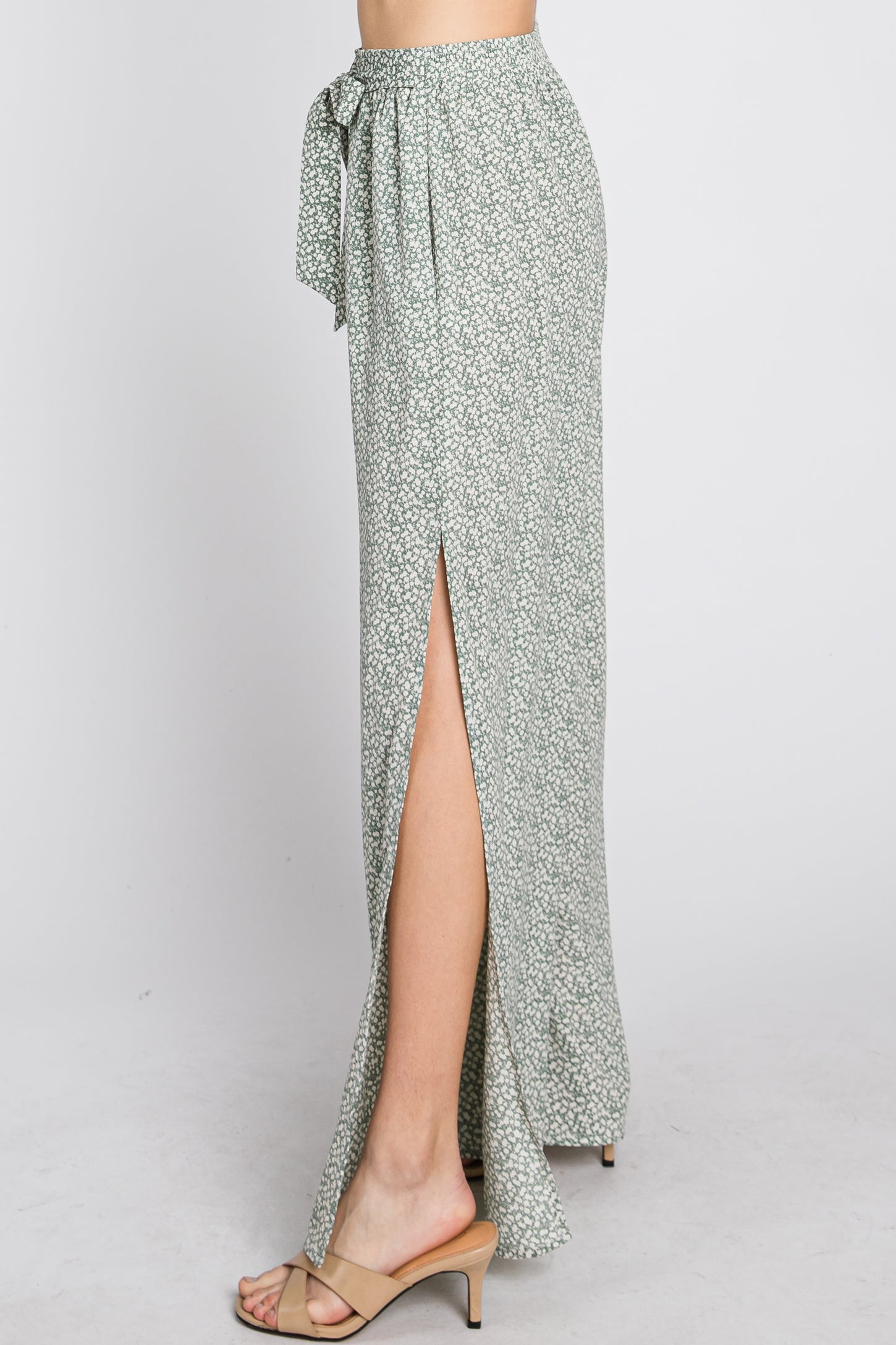 Light Olive Ditsy Floral Side Slit Pants
