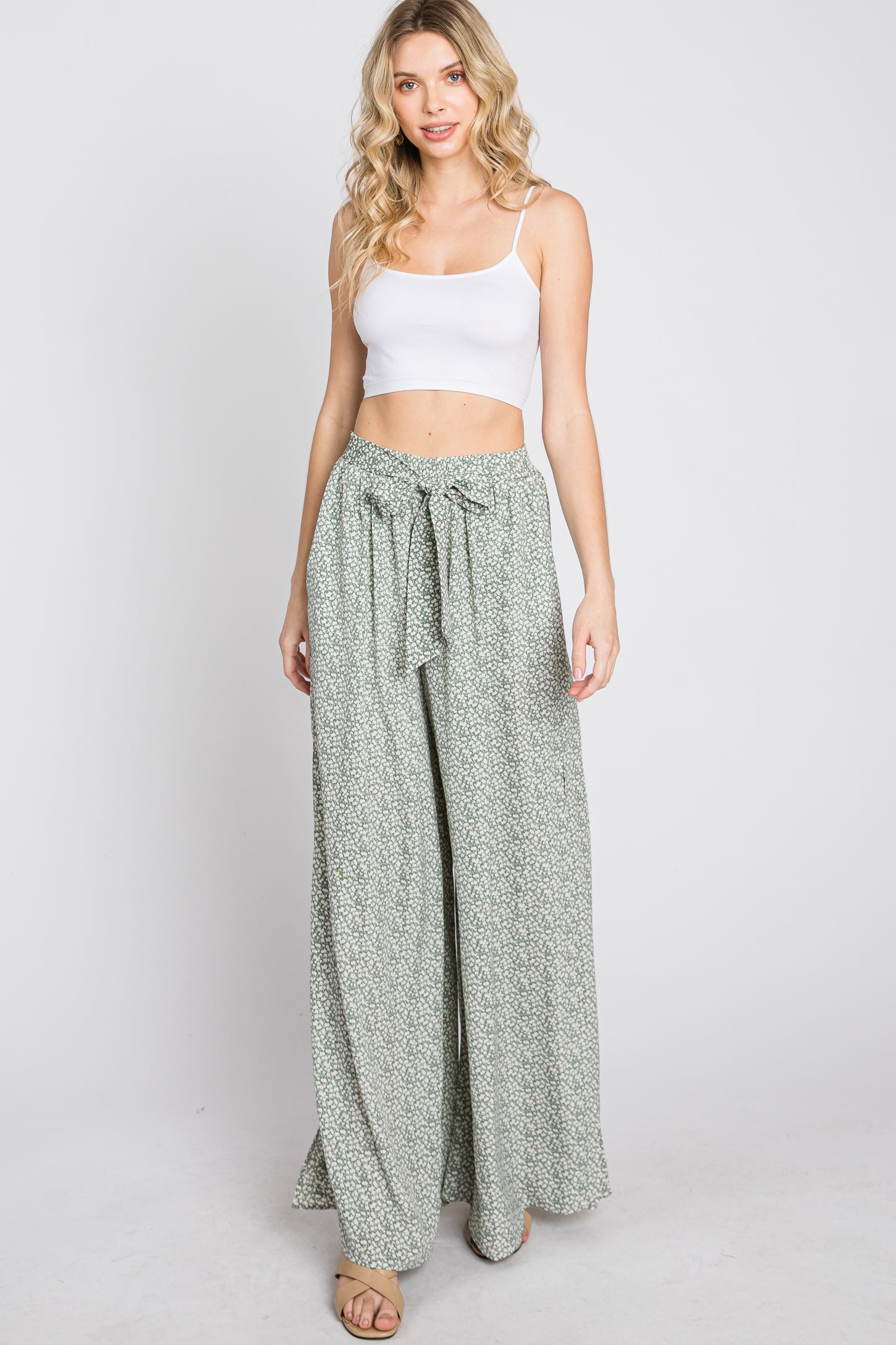 Light Olive Ditsy Floral Side Slit Pants
