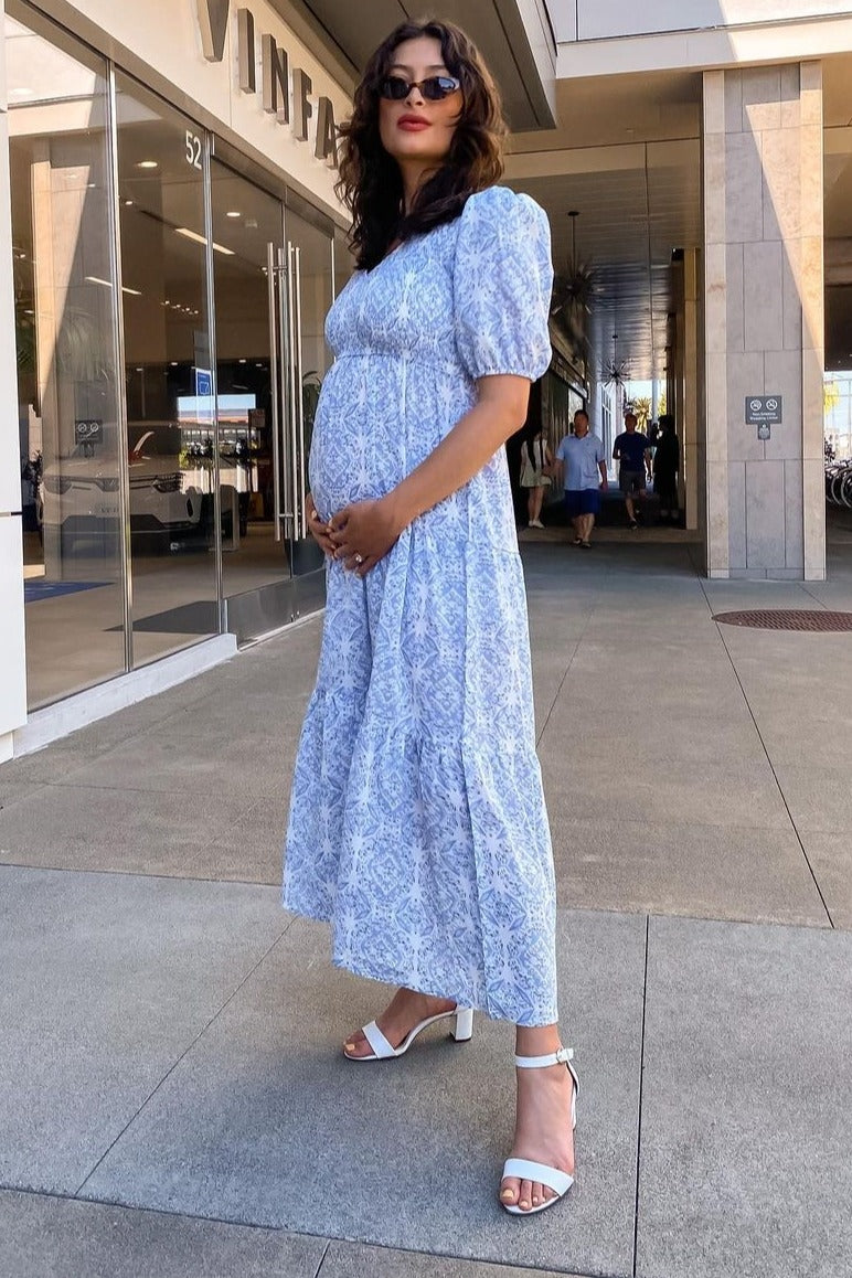 Blue Paisley Print Smocked Tiered Maxi Dress Medium