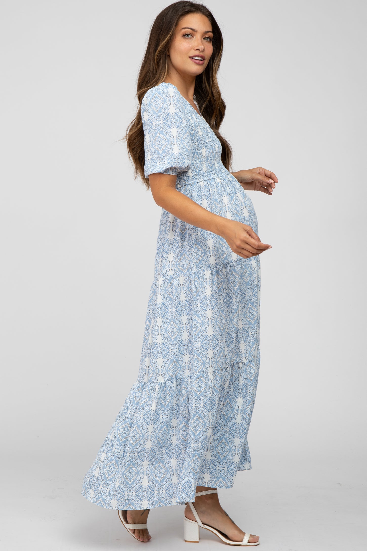 Blue Paisley Print Smocked Tiered Maternity Maxi Dress PinkBlush Blue Paisley Print Smocked Tiered Maternity Maxi Dress PinkBlush