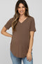 Brown V-Neck Short Sleeve Round Hem Top