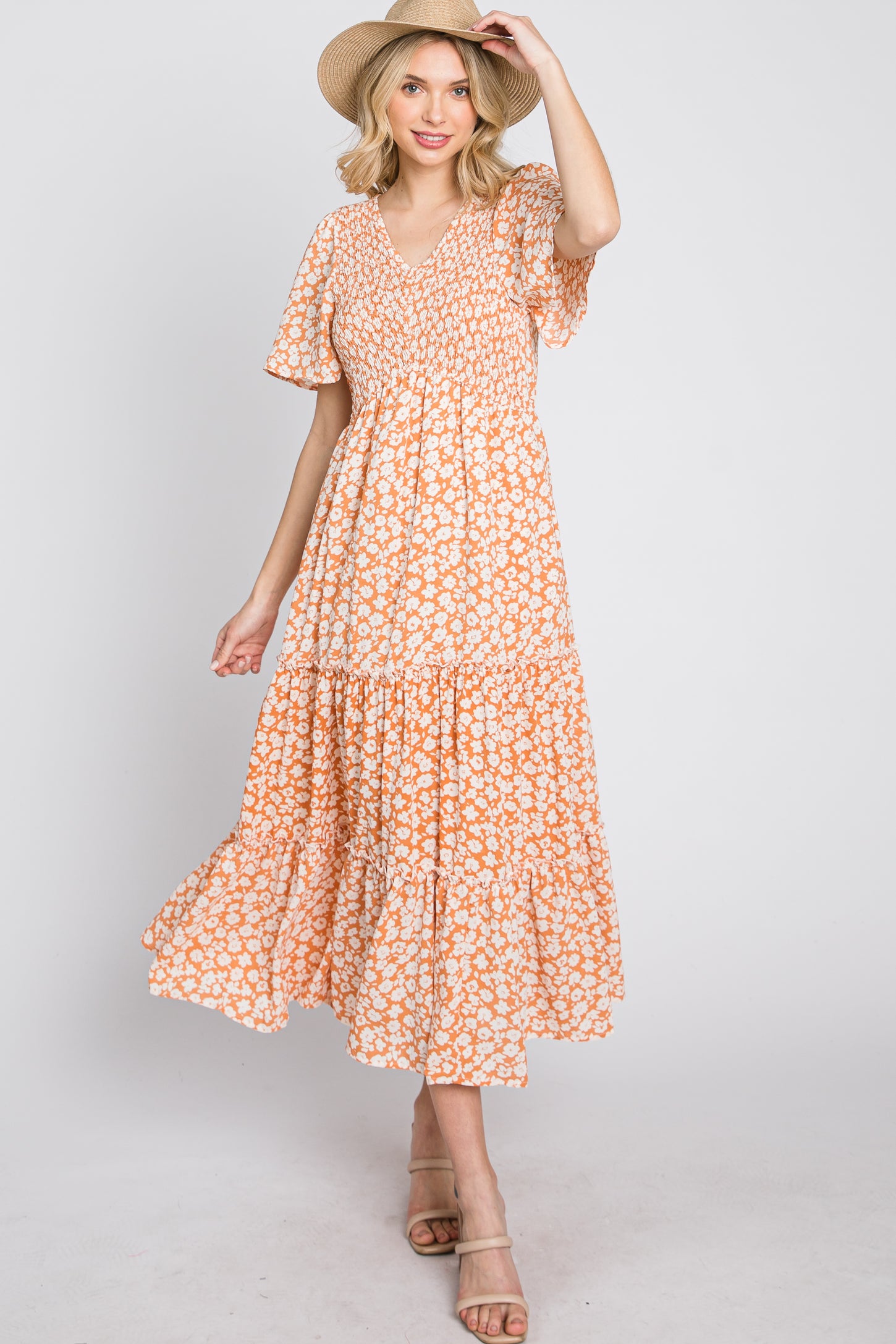 Peach Floral Tiered Maternity Midi Dress
