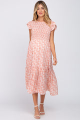 Pink Leaf Print Smocked Ruffle Sleeve Maternity Midi Dress