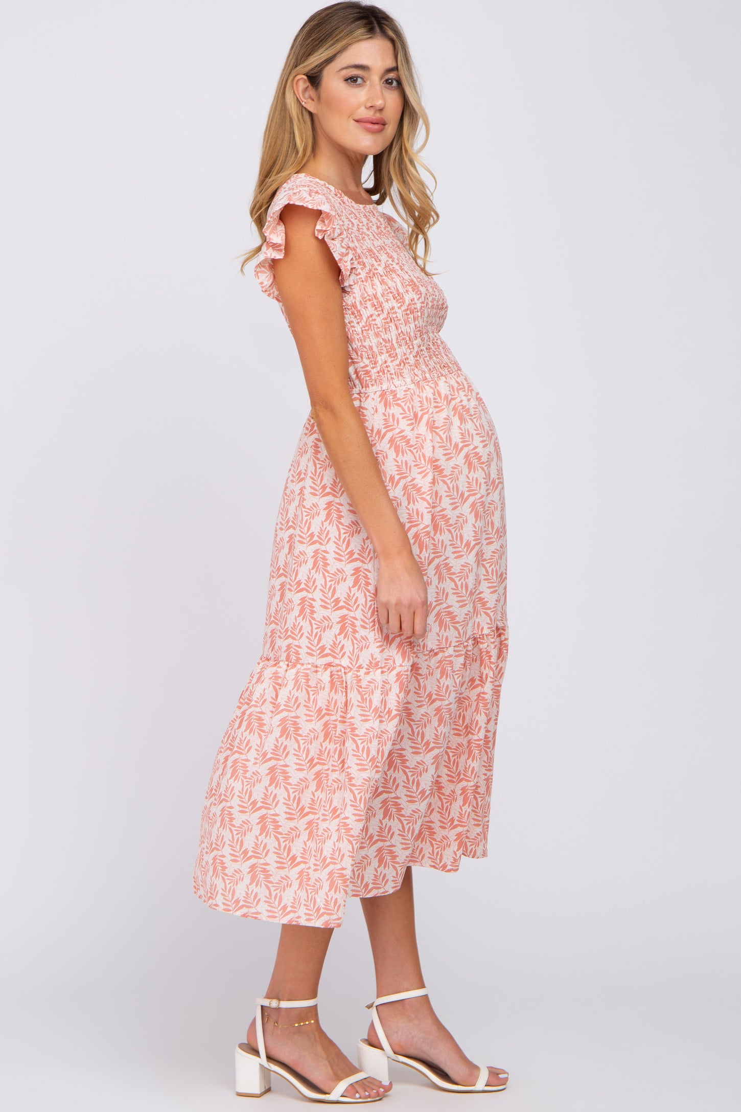 Pink Leaf Print Smocked Ruffle Sleeve Maternity Midi Dress