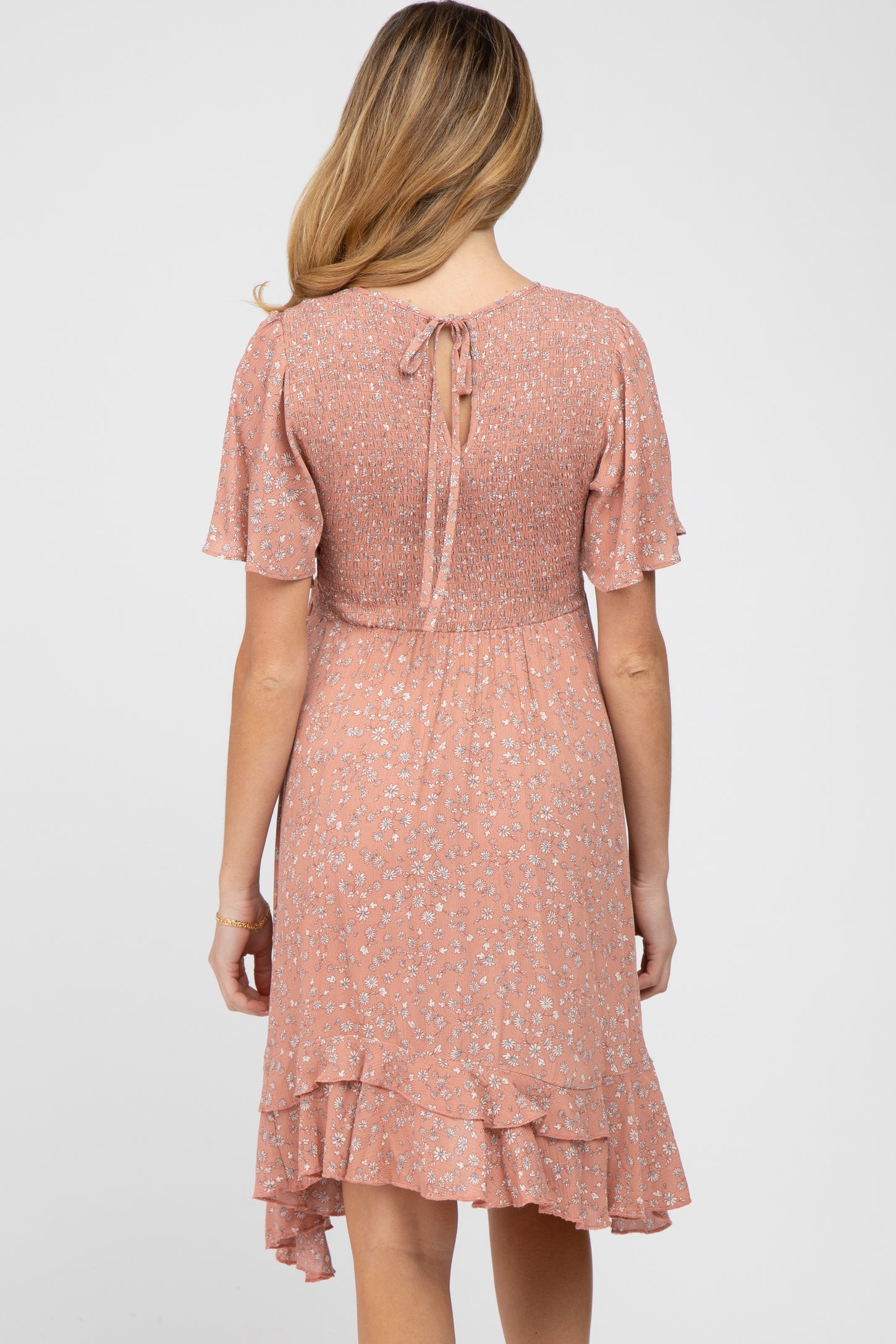 Mauve Floral Smocked Ruffle Maternity Dress