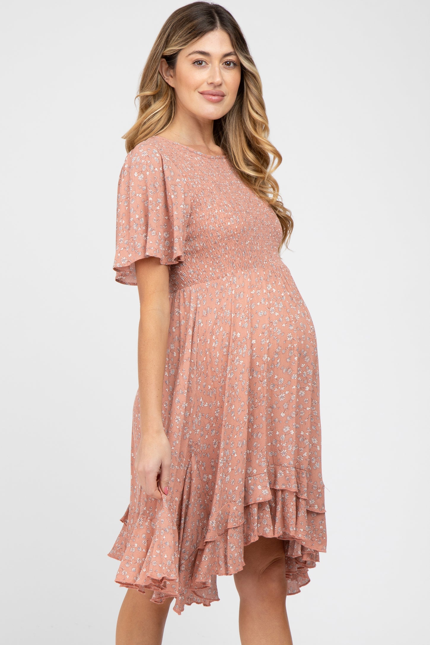 Mauve Floral Smocked Ruffle Maternity Dress – PinkBlush