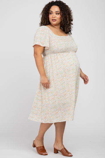 Cream Floral Smocked Square Neck Maternity Midi Dress