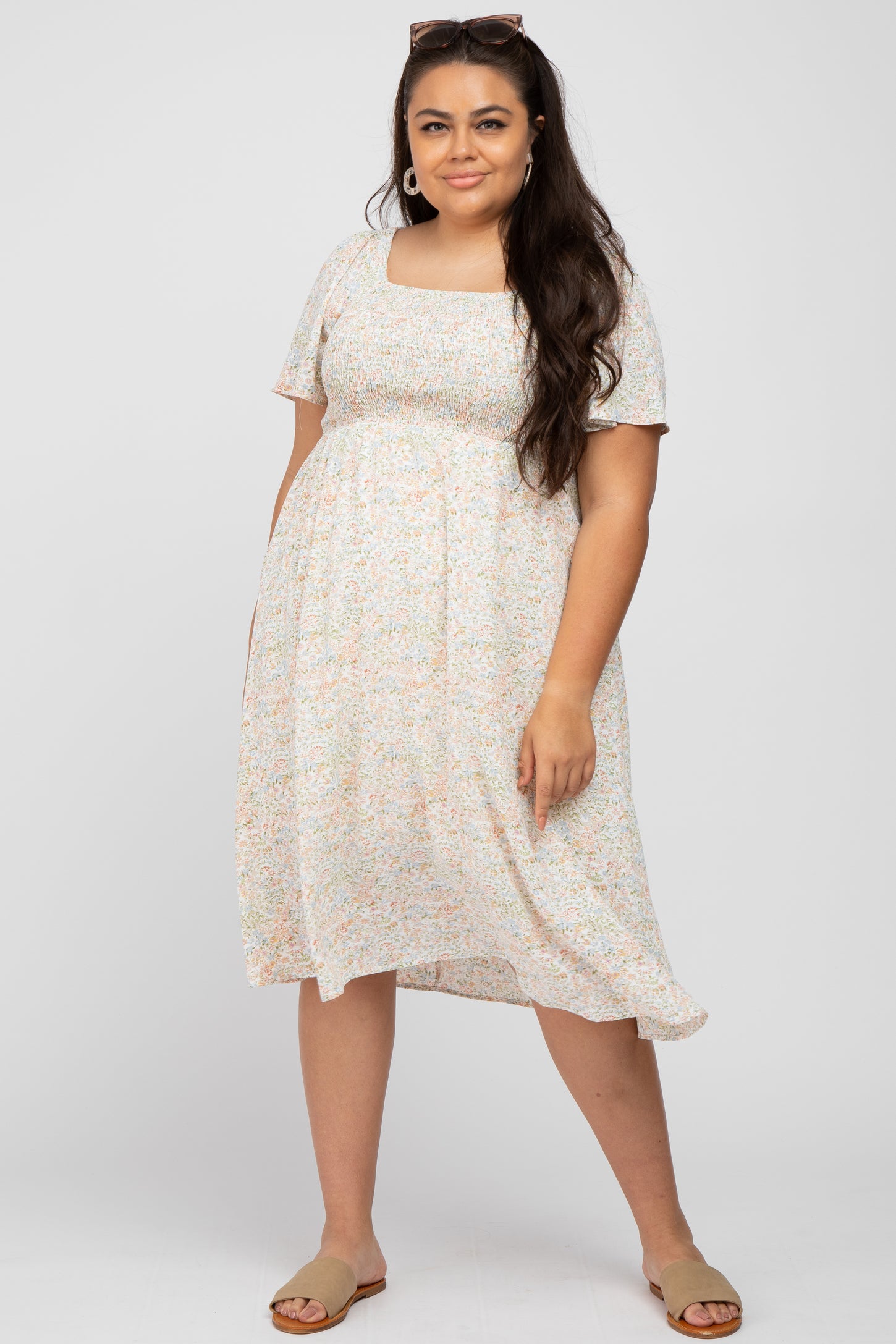 Cream Floral Smocked Square Neck Maternity Midi Dress Cream Floral Smocked Square Neck Maternity Midi Dress