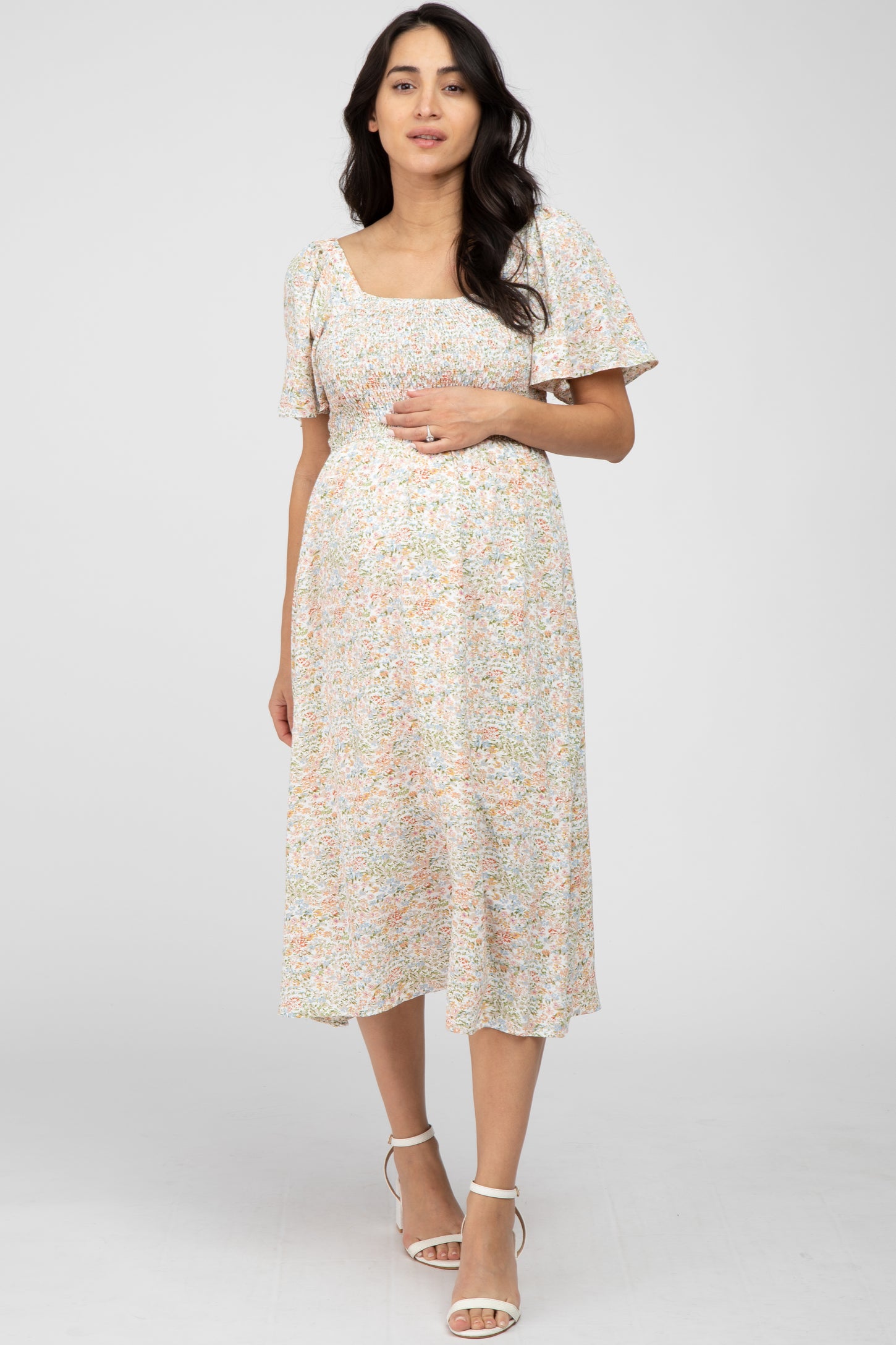 Cream Floral Smocked Square Neck Maternity Midi Dress Large Cream Floral Smocked Square Neck Maternity Midi Dress Large