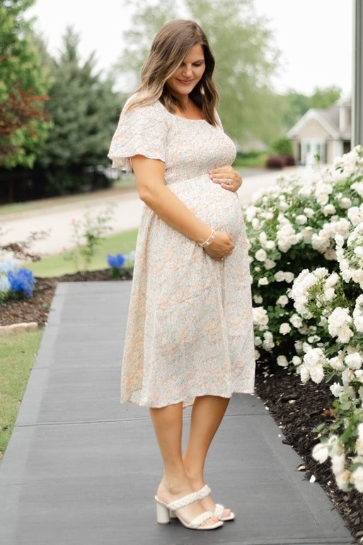 Cream Floral Smocked Square Neck Maternity Midi Dress Cream Floral Smocked Square Neck Maternity Midi Dress