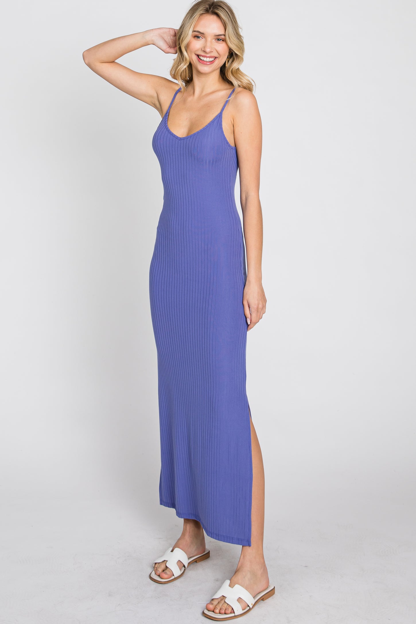 Violet Ribbed Side Slit Maxi Dress