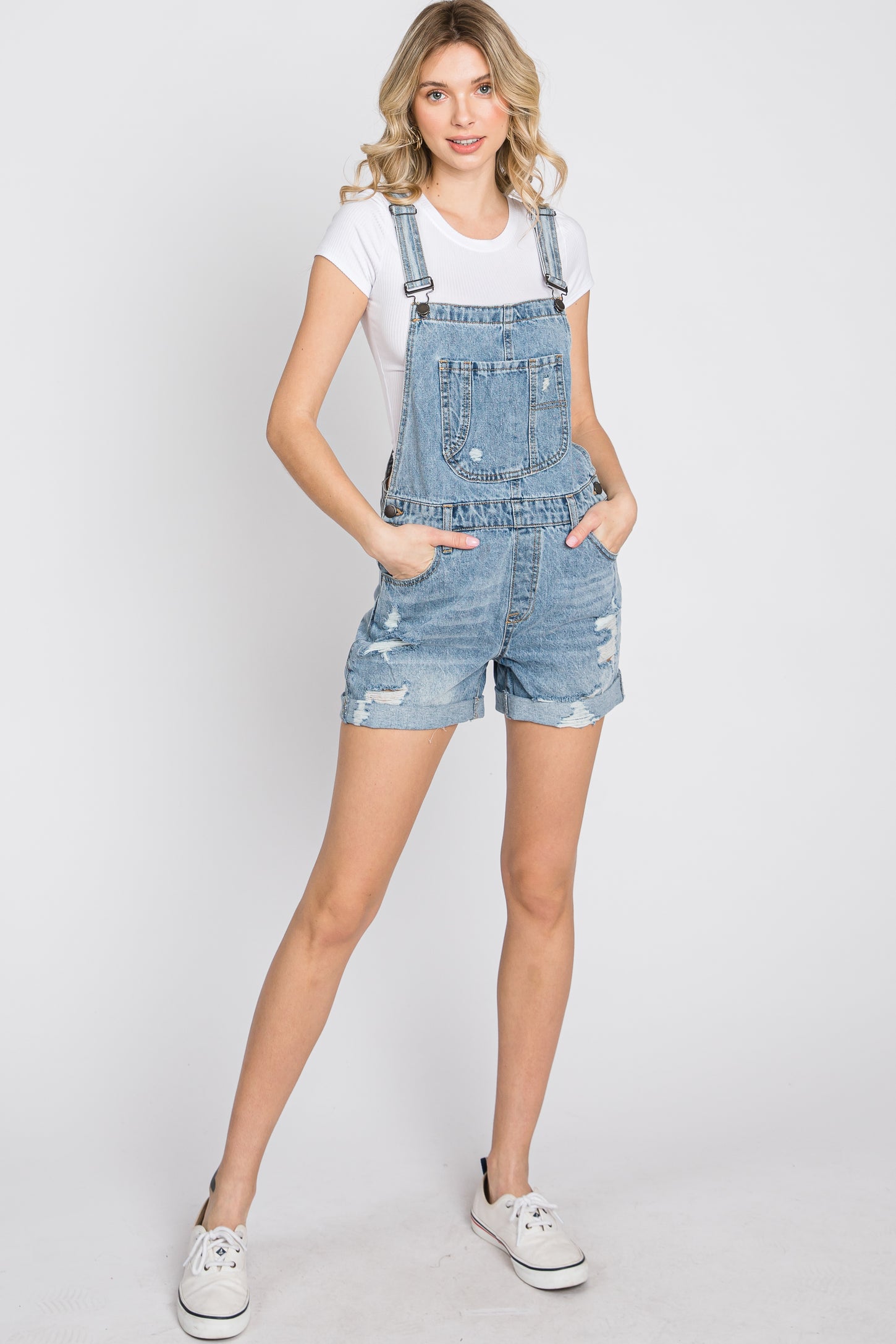 Blue Distressed Maternity Denim Short Overalls