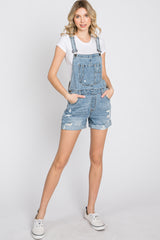Blue Distressed Maternity Denim Short Overalls