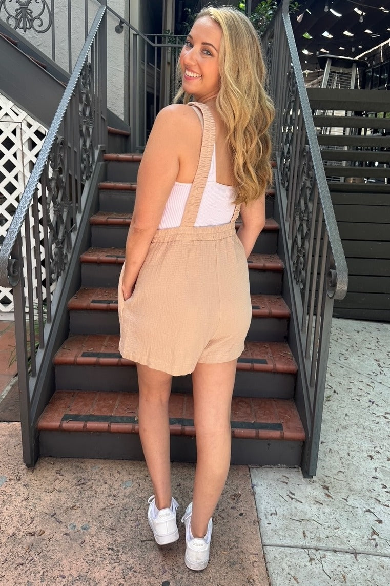 Beige Square Neck Elastic Strap Romper