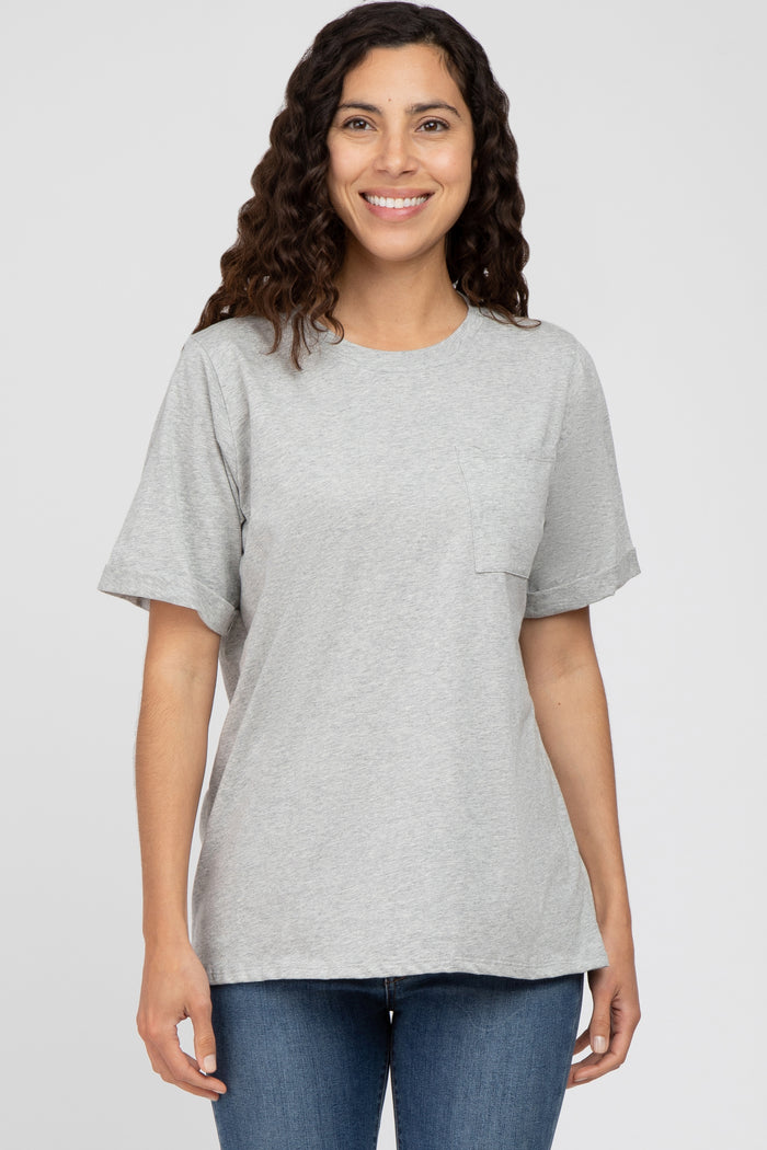 Heather Grey Oversized Pocket Front Short Sleeve Top