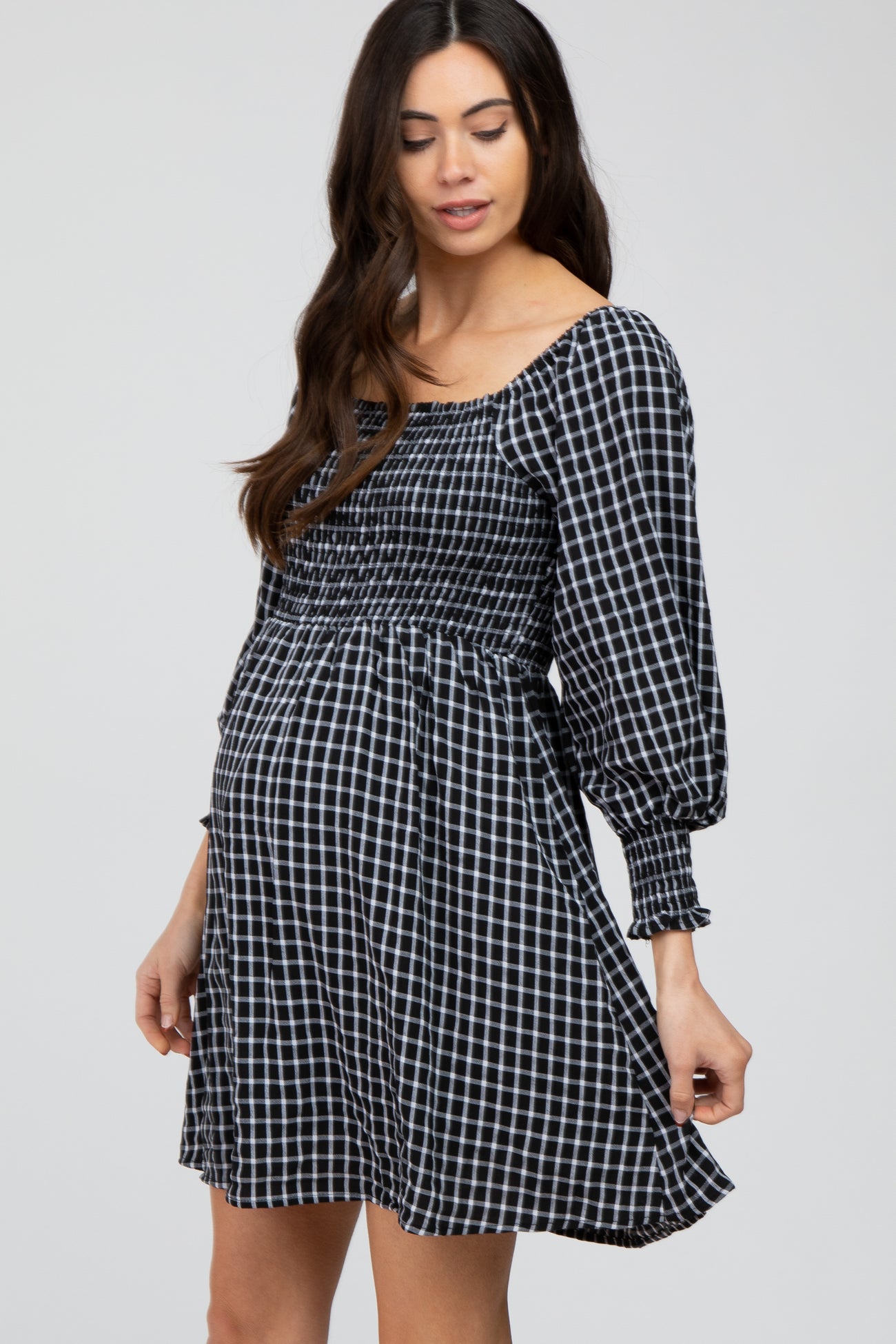 Black Plaid Smocked Maternity Dress PinkBlush Black Plaid Smocked Maternity Dress PinkBlush