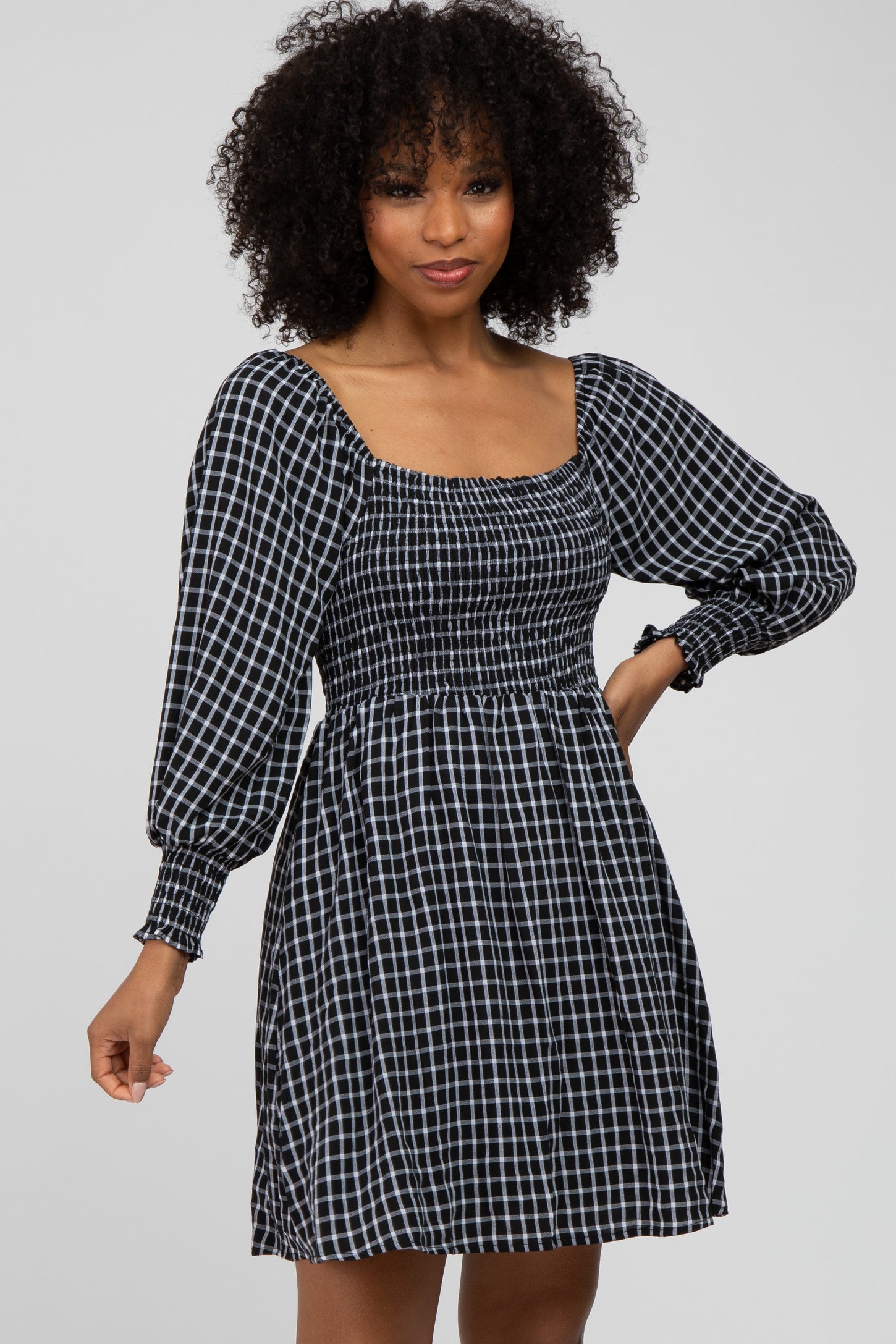 Black Plaid Smocked Maternity Dress Black Plaid Smocked Maternity Dress