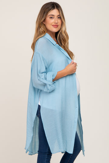 Light Blue Button Front Side Slit Oversized Maternity Blouse