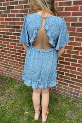 Blue Floral Ruffle Accent Cutout Dress
