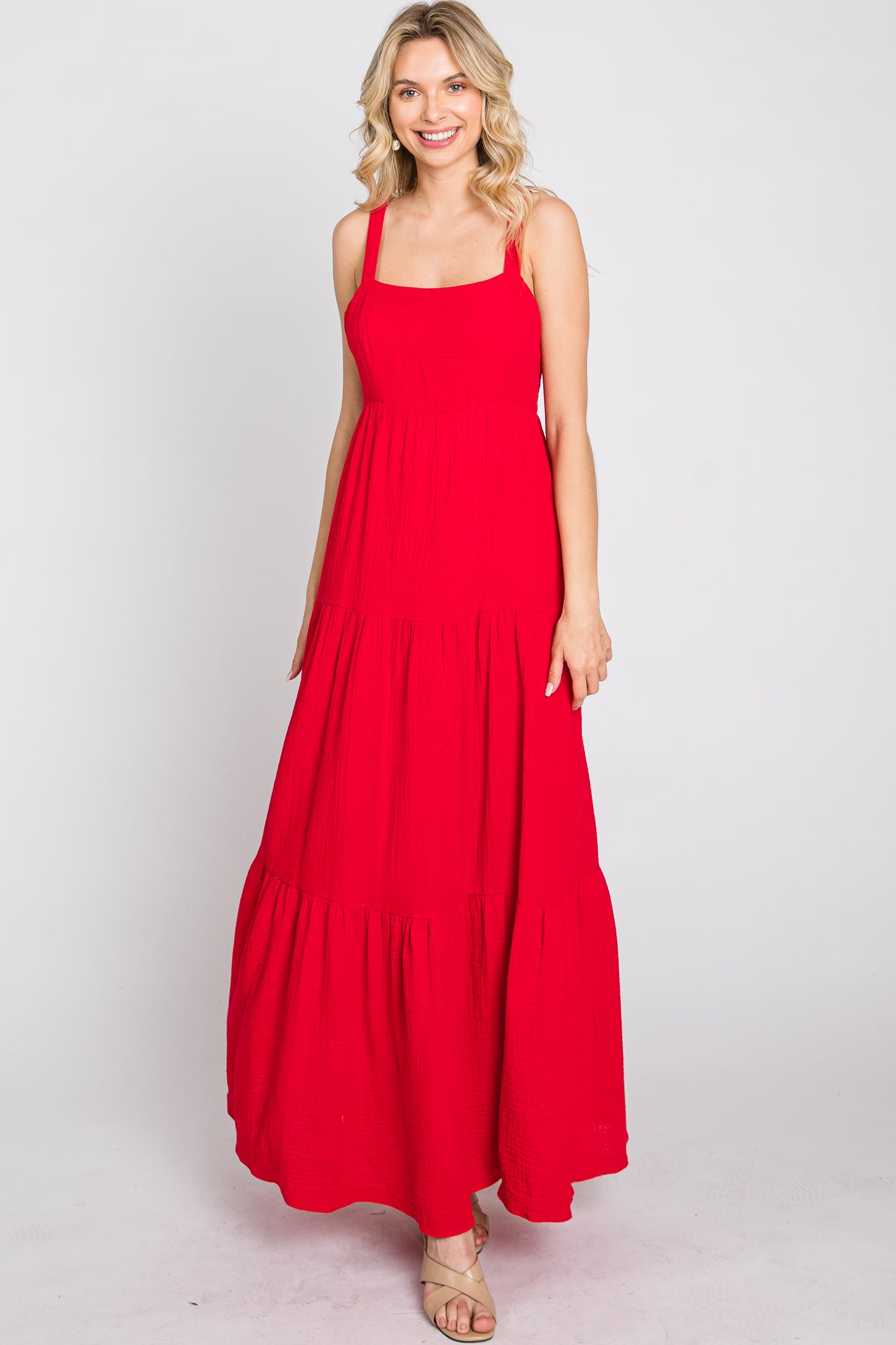 Red Sleeveless Ruffle Tiered Maxi Dress