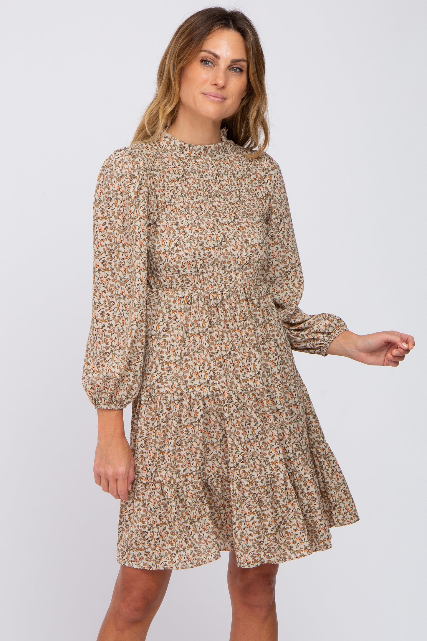 Beige Floral Shirred Mock Neck Maternity Dress PinkBlush Beige Floral Shirred Mock Neck Maternity Dress PinkBlush