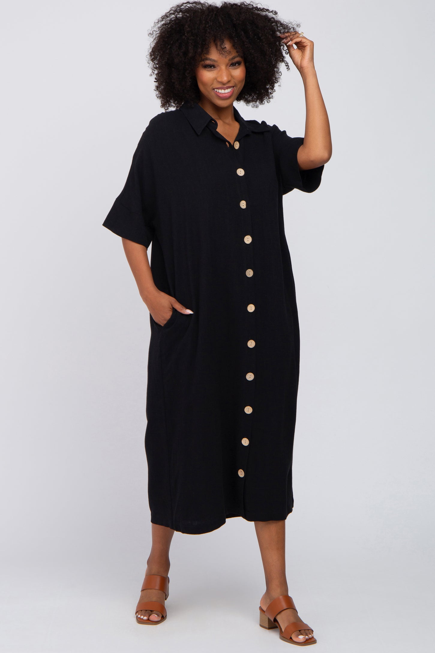 Black Oversized Button Down Midi Dress PinkBlush Black Oversized Button Down Midi Dress PinkBlush