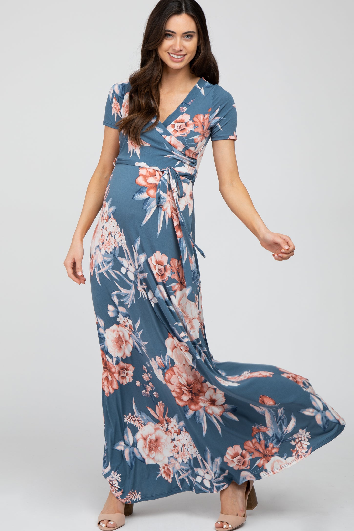 Blue Floral Wrap Maternity/Nursing Maxi Dress  PinkBlush