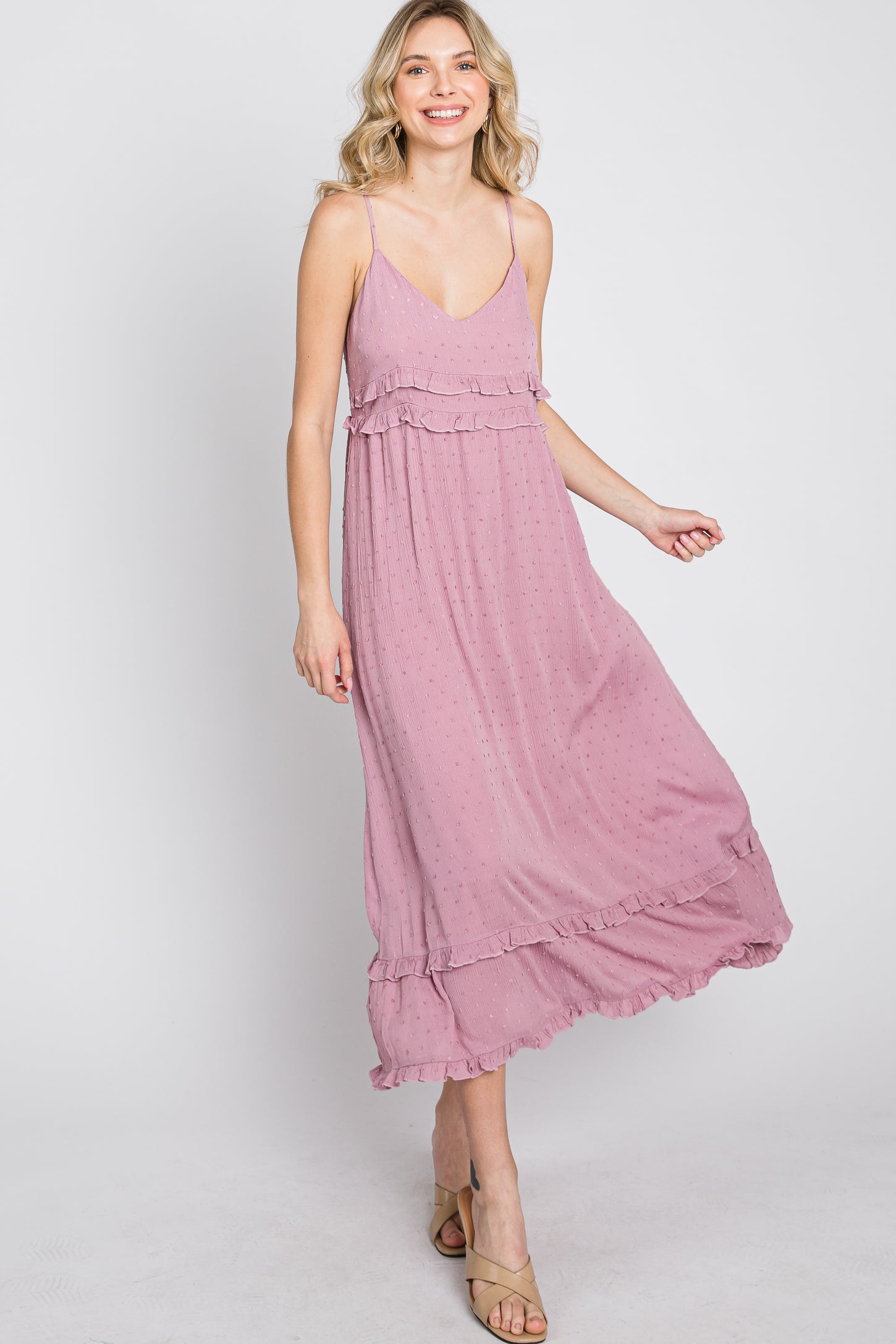 Mauve Swiss Dot Ruffle Accent Maxi Dress