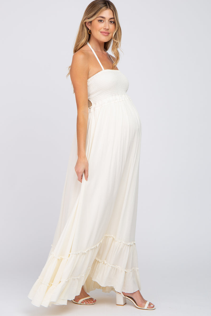 Solid Halter Neck Maternity Maxi Dress