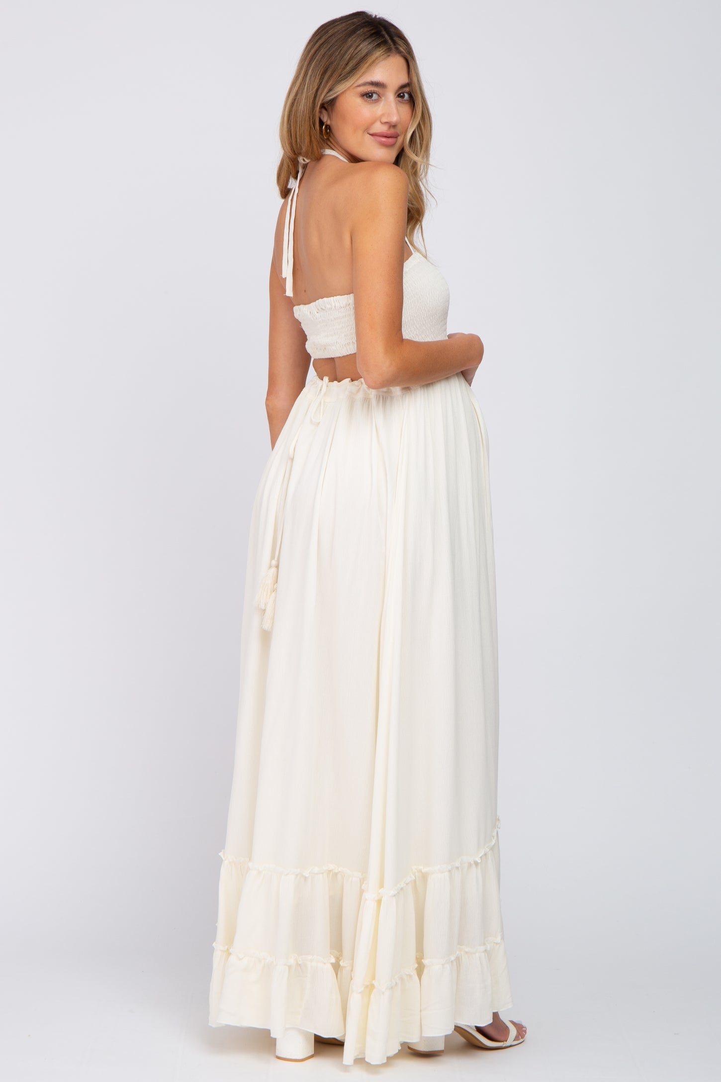 Cream Halter Neck Cut Out Maternity Maxi Dress PinkBlush Cream Halter Neck Cut Out Maternity Maxi Dress PinkBlush