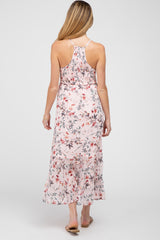 Pink Floral Chiffon Smocked Maternity Midi Dress