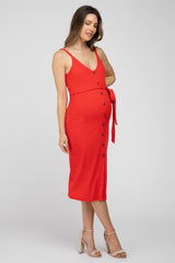 Red Ribbed Sash Tie Maternity Midi Dress