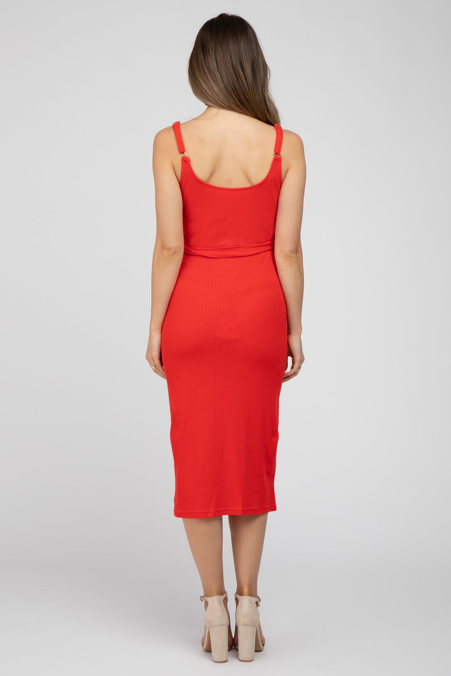Red Ribbed Sash Tie Maternity Midi Dress