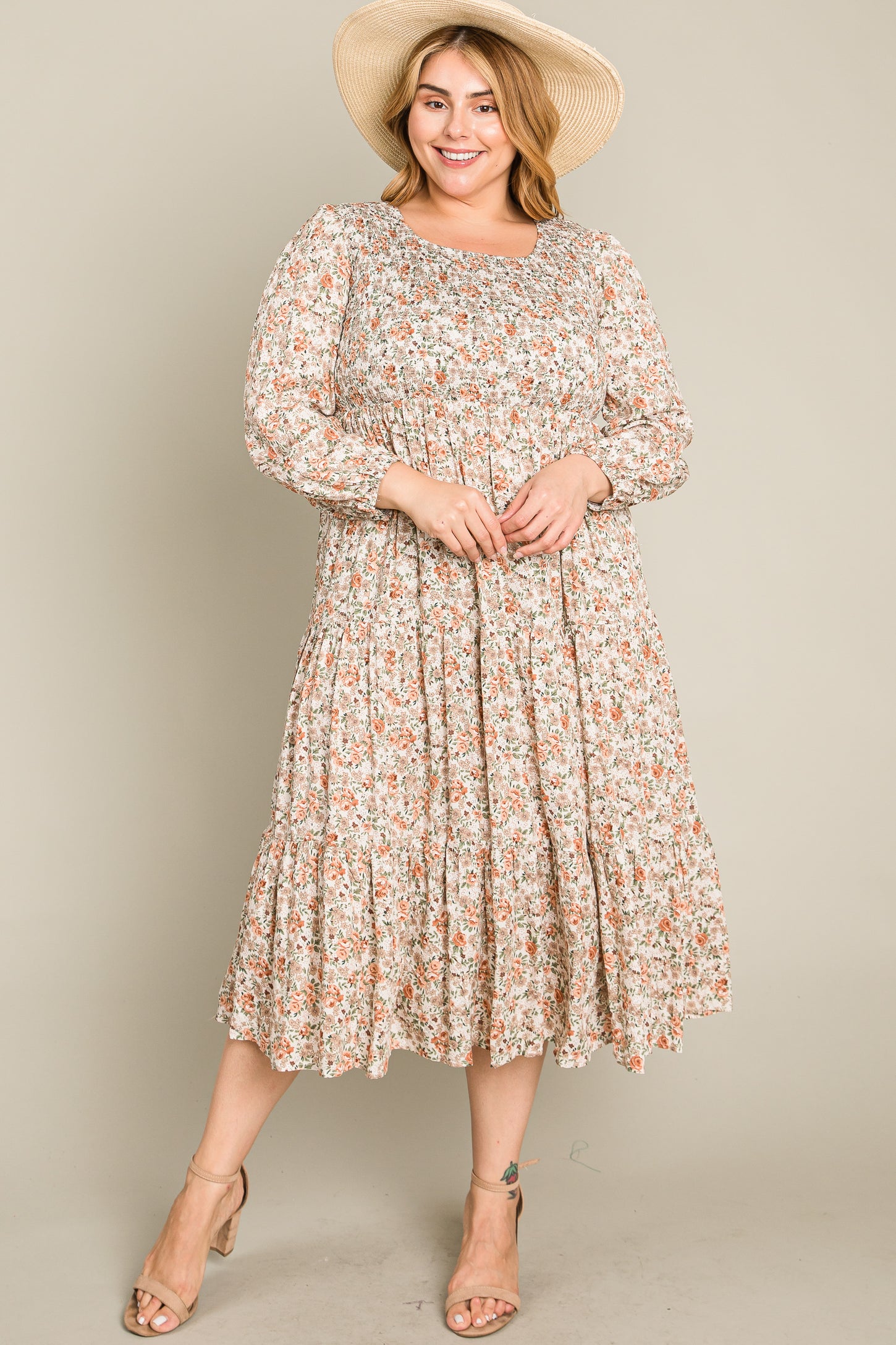 Cream Floral Smocked 3/4 Sleeve Maternity Plus Midi Dress