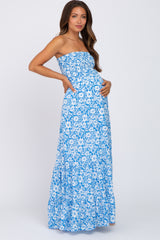 Blue Floral Strapless Smocked Maternity Maxi Dress