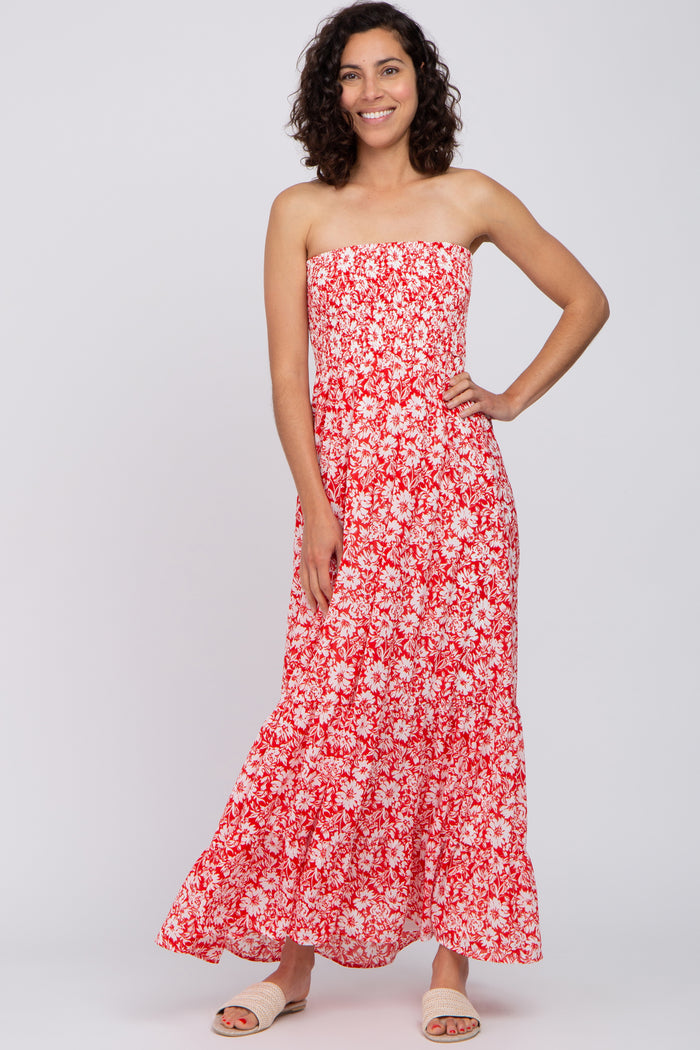 Red Floral Strapless Smocked Maternity Maxi Dress