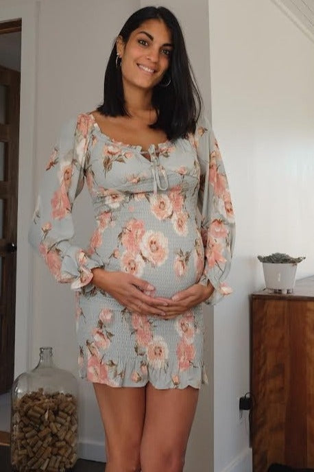 Mint Green Floral Sweetheart Neck Smocked Long Sleeve Maternity Dress