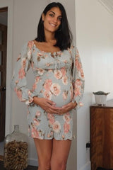 Mint Green Floral Sweetheart Neck Smocked Long Sleeve Maternity Dress