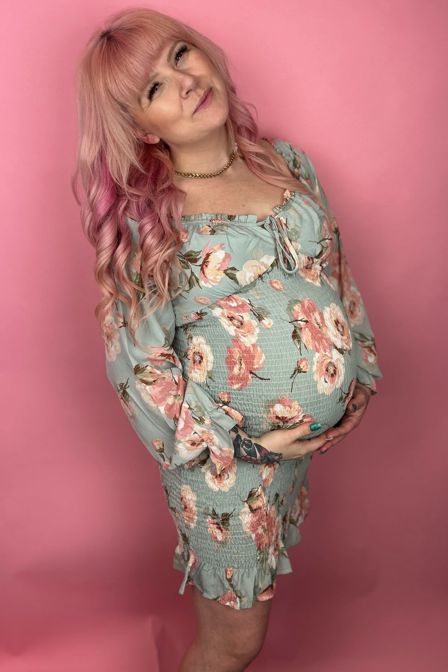 Mint Green Floral Sweetheart Neck Smocked Long Sleeve Maternity Dress