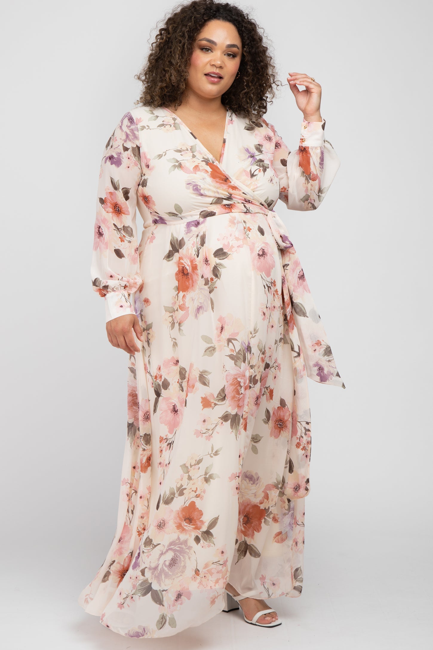 Cream Floral Chiffon Long Sleeve Pleated Maternity Maxi Dress – PinkBlush