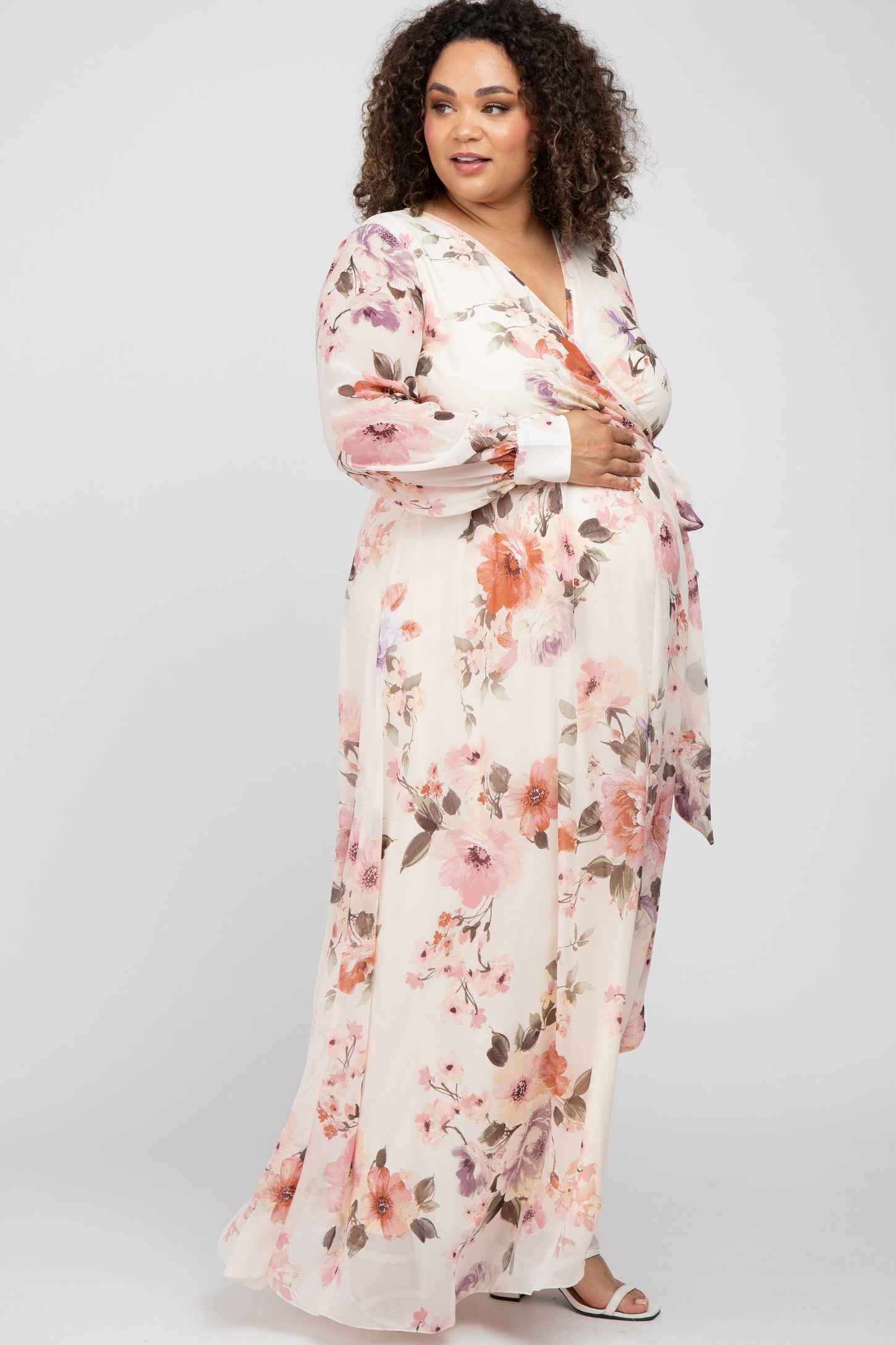Cream Floral Chiffon Long Sleeve Pleated Maternity Maxi Dress PinkBlush Cream Floral Chiffon Long Sleeve Pleated Maternity Maxi Dress PinkBlush