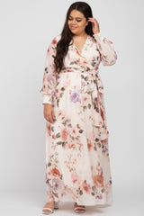Cream Floral Chiffon Long Sleeve Pleated Maxi Dress