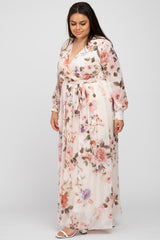 Cream Floral Chiffon Long Sleeve Pleated Maxi Dress