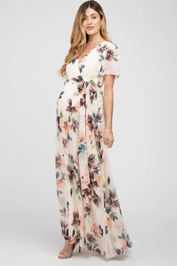 Cream Floral Chiffon Wrap Front Short Sleeve Maternity Maxi Dress