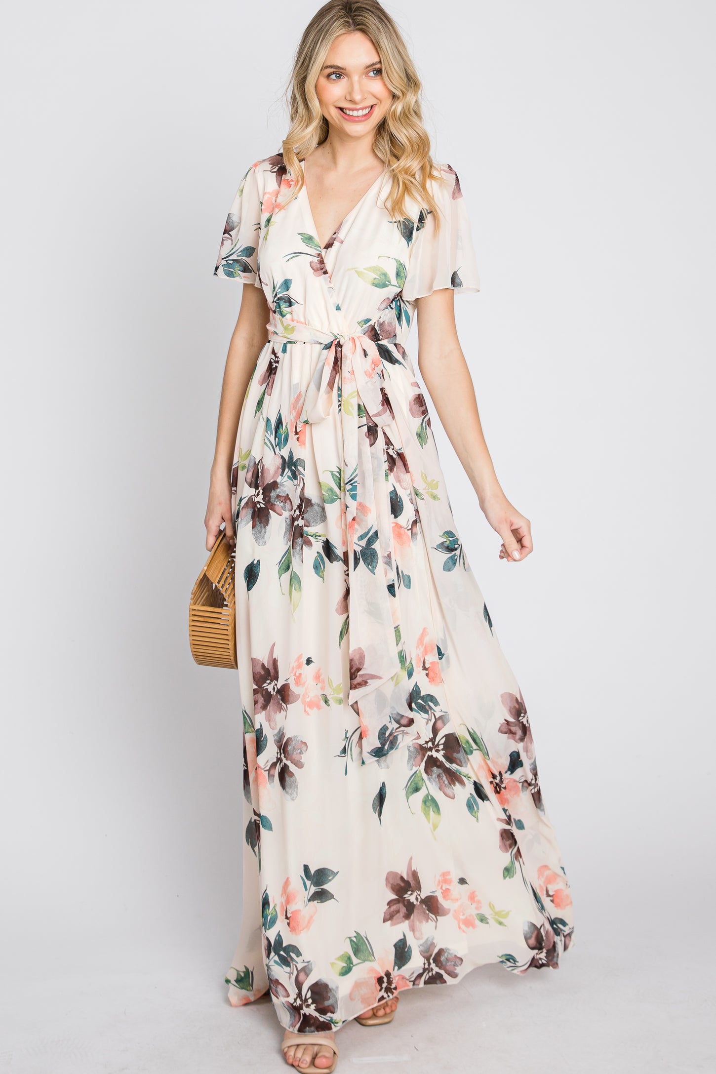 cream chiffon wrap dress Women's Cream Chiffon Exaggerated Sleeve Mini Dress
